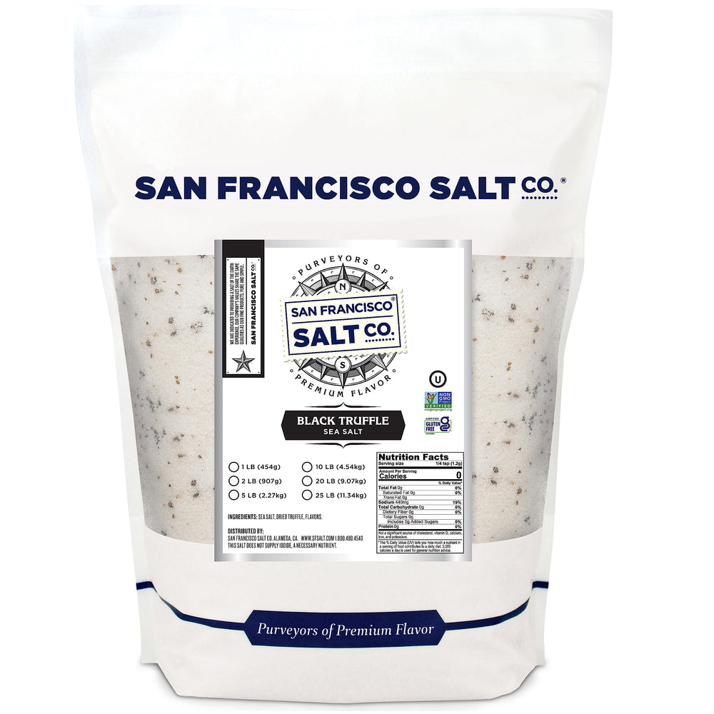 San Francisco Salt Company's Italian Black Truffle Salt jar close-up, premium aroma and gourmet finish.