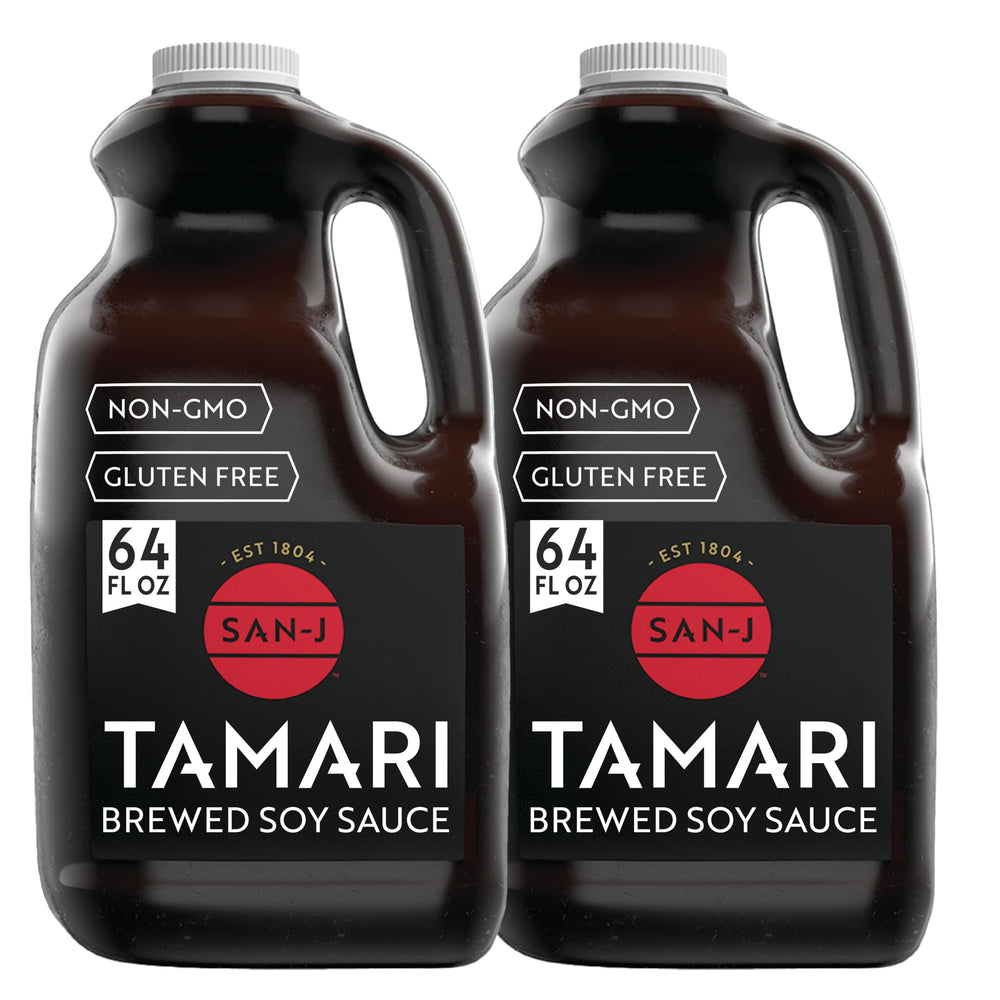 San-J gluten-free tamari 64oz bottle ready for marinades and stir-fries.