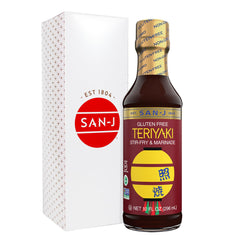 San-J gluten-free teriyaki bottle with glossy glaze for cooking