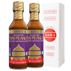 San-J Gluten Free Thai Peanut Sauce bottle highlighting gluten-free and value 2-pack