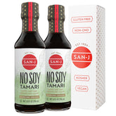 San-J No Soy Tamari bottle pouring to highlight rich umami for various dishes