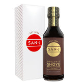 San-J Organic Shoyu Soy Sauce bottle label close-up for premium brewing and ingredients.