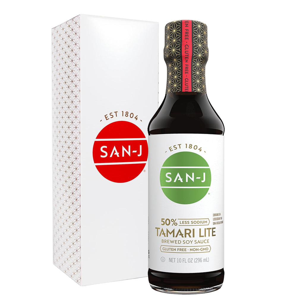 San-J Tamari Lite bottle front view showing gluten-free soy sauce for versatile meals