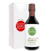 San-J Tamari Lite bottle pour for quick, lower-sodium seasoning in meals.