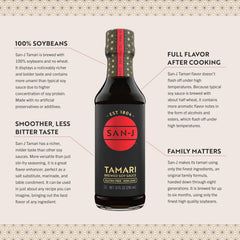 San-J tamari bottle beside vegetables, ideal for quick stir-fry seasoning.