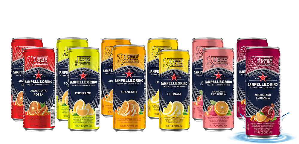 San Pellegrino Aranciata can with bright orange hue and lively bubbles, refreshing citrus flavor