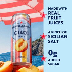 San Pellegrino CIAO Peach real fruit juices closeup, showcasing natural fruit content.