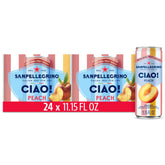 San Pellegrino CIAO Peach Sparkling Water can, refreshing low-calorie option with real fruit juice.