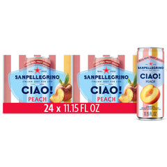 San Pellegrino CIAO Peach Sparkling Water can, refreshing low-calorie option with real fruit juice.