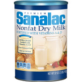 Sanalac Non Fat Dry Milk packaging shown, great for pantry stock and emergency kits.
