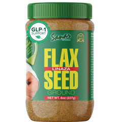 Sanar Naturals ground flax seed bottle pour highlighting fiber and omega-3 for daily meals