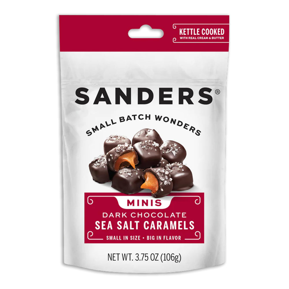 Sanders Dark Chocolate Sea Salt Caramel Mini Bites in resealable bag, ideal snack.