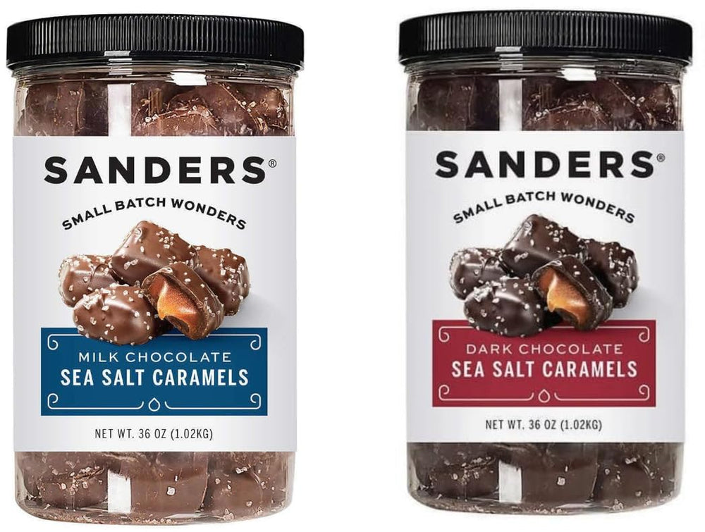 Sanders dark chocolate sea salt caramel pack close-up for premium indulgence