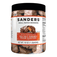 Sanders milk chocolate sea salt caramel pecan clusters close-up in tub, ideal for sharing