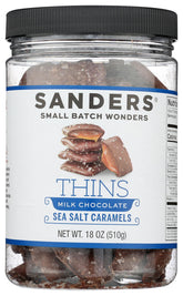 Sanders Milk Chocolate Sea Salt Caramel Thins tub label highlighting premium, shareable indulgence