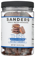 Sanders Milk Chocolate Sea Salt Caramel Thins tub label highlighting premium, shareable indulgence
