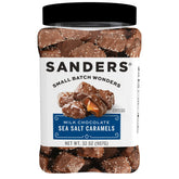 Sanders Milk Chocolate Sea Salt Caramels tub, silky texture and premium ingredients for sharing.