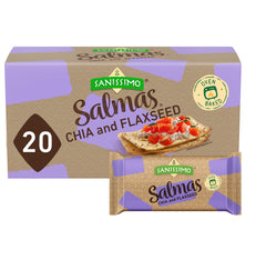 Sanissimo Salmas chia flaxseed crackers pack showcasing convenient twenty-pack box