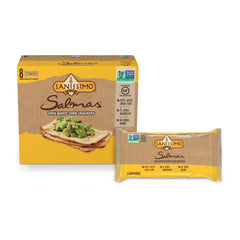 Sanissimo Salmas oven-baked crackers texture showcases light, crispy bite.