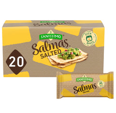 Sanissimo Salmas Salted Crackers pack shot showing the 20-pack display for quick snacking