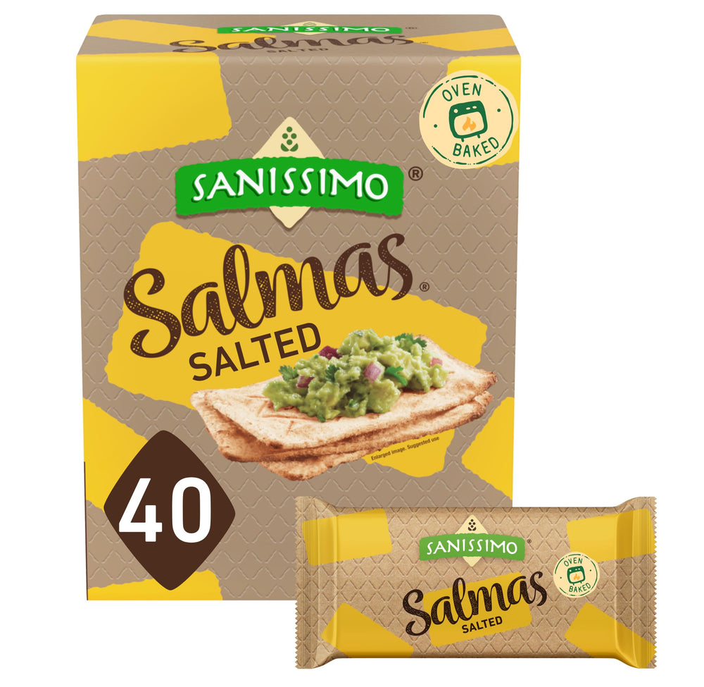 Sanissimo Salmas salted crackers close-up, showcasing crispy texture, perfect for on-the-go snacking.