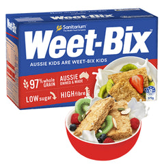 Sanitarium Weet-Bix 575g pack highlighting 97% wholegrain for lasting energy.