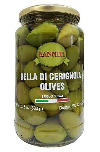 Sanniti Bella di Cerignola olives in jar label, ideal for flavor-rich snacking.