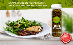 Sanniti Green Peppercorns in Brine jar open, brine visible for flavor notes