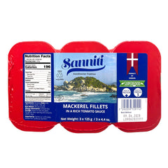 Sanniti Mackerel Fillets in Tomato Sauce close-up highlighting rich tomato flavor