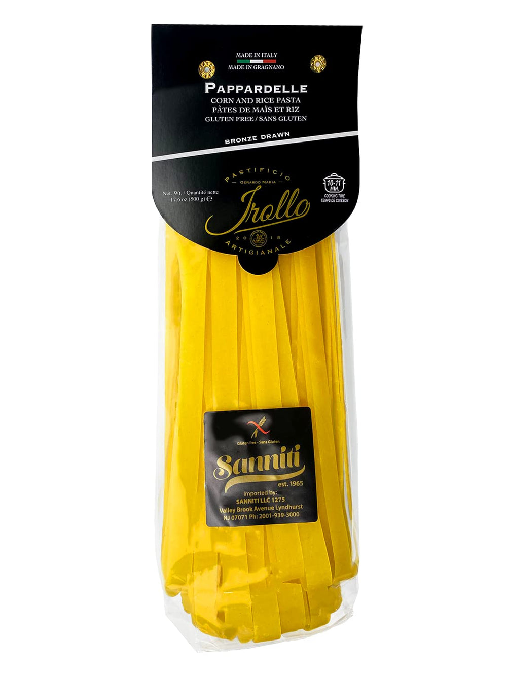 Sanniti gluten-free pappardelle pack, artisanal Italian pasta ready for sauces.