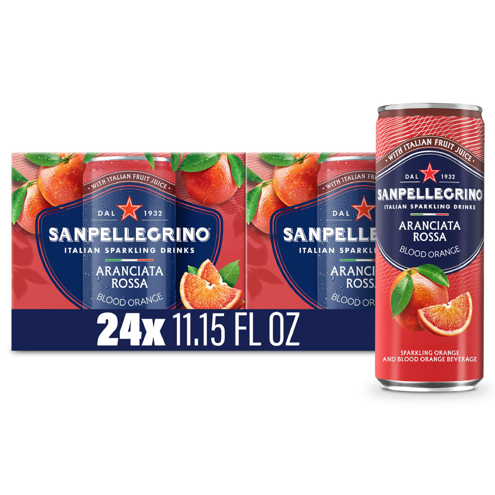 Sanpellegrino Aranciata Rossa can with bright orange and blood orange flavor