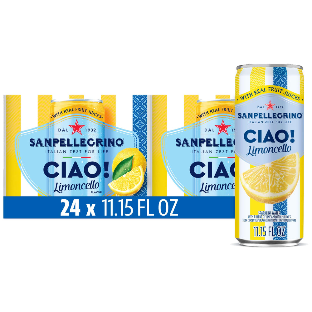 San Pellegrino CIAO Limoncello bottle shown with zesty lemon and vanilla notes, ideal for pairing meals.