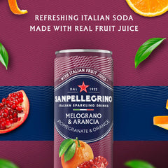 Sanpellegrino orange-pomegranate can closeup label highlights real juice from orange and pomegranate.