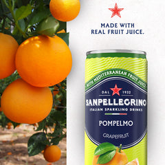 Sanpellegrino Pompelmo bottle closeup featuring real grapefruit juice.