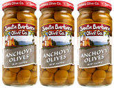 Santa Barbara Olive Co anchovy stuffed green olive 3-pack on a tasting board