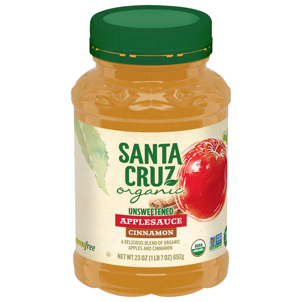Santa Cruz Organic Cinnamon Apple Sauce jar for quick, tasty snack on the go.