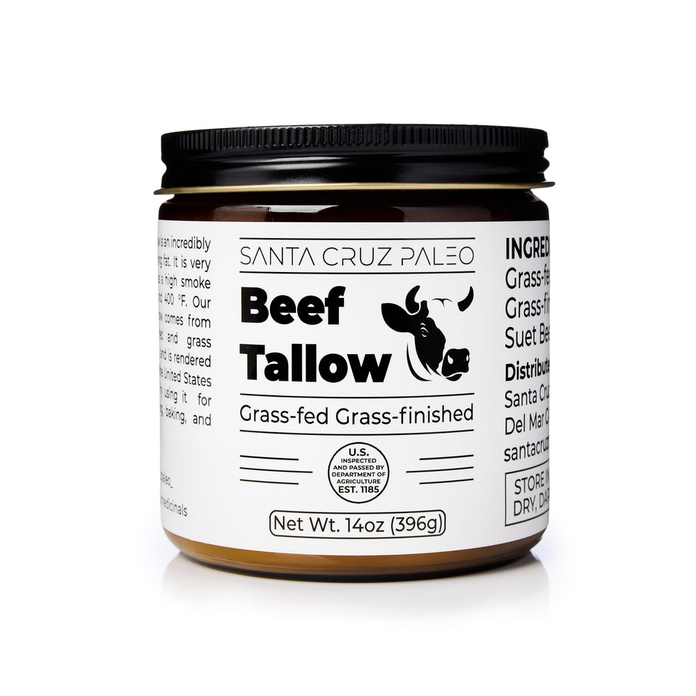 Santa Cruz Paleo Beef Tallow jar close-up shows pure, versatile fat for cooking and skincare.