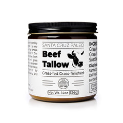 Santa Cruz Paleo Beef Tallow jar close-up shows pure, versatile fat for cooking and skincare.