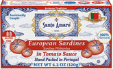 Santo Amaro sardines in tomato sauce cans on a shelf for easy pantry meals