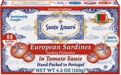 Santo Amaro sardines in tomato sauce cans on a shelf for easy pantry meals