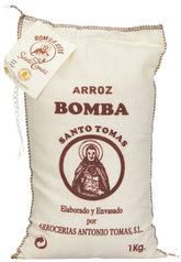 Santo Tomas Bomba Rice packaging front, highlighting authentic origin for paella prep.