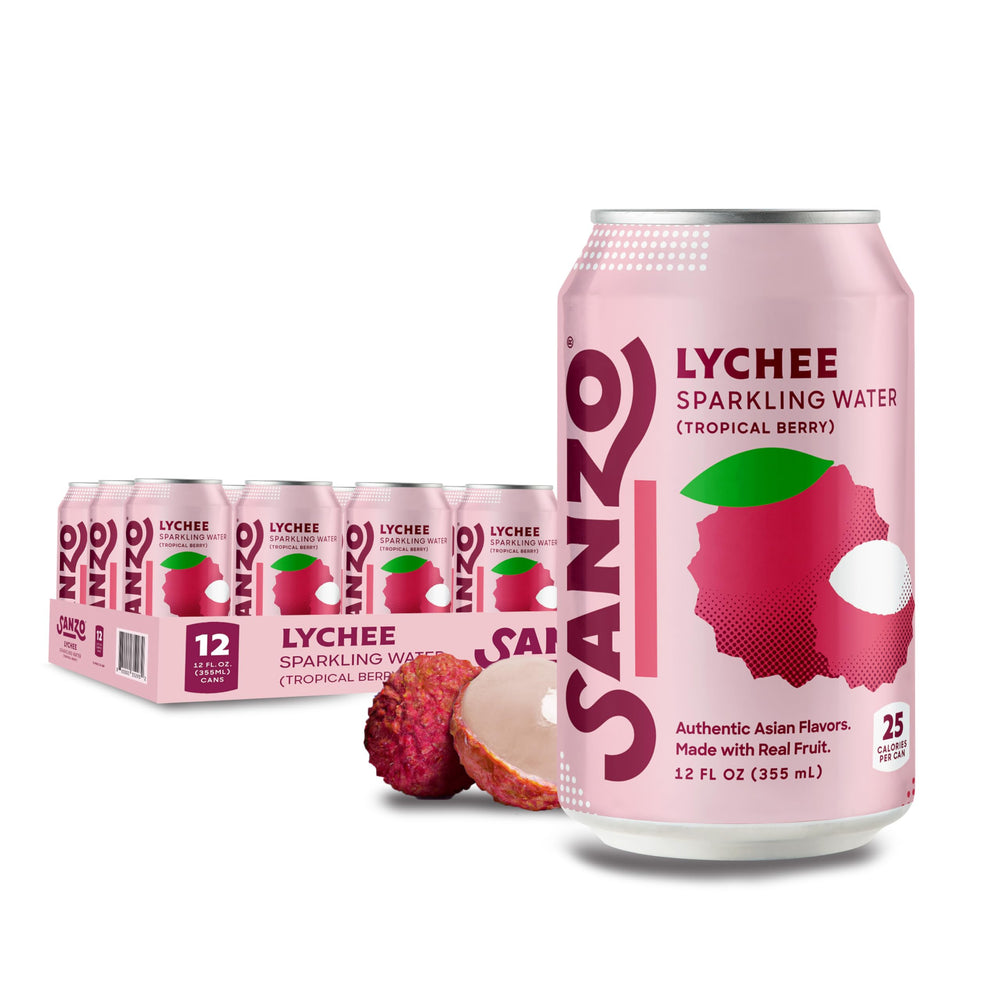 Sanzo Lychee sparkling water bottle pour reveals a bright tropical aroma.