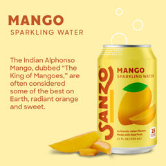 Sanzo Mango sparkling water in a glass conveys refreshing, low-calorie indulgence.