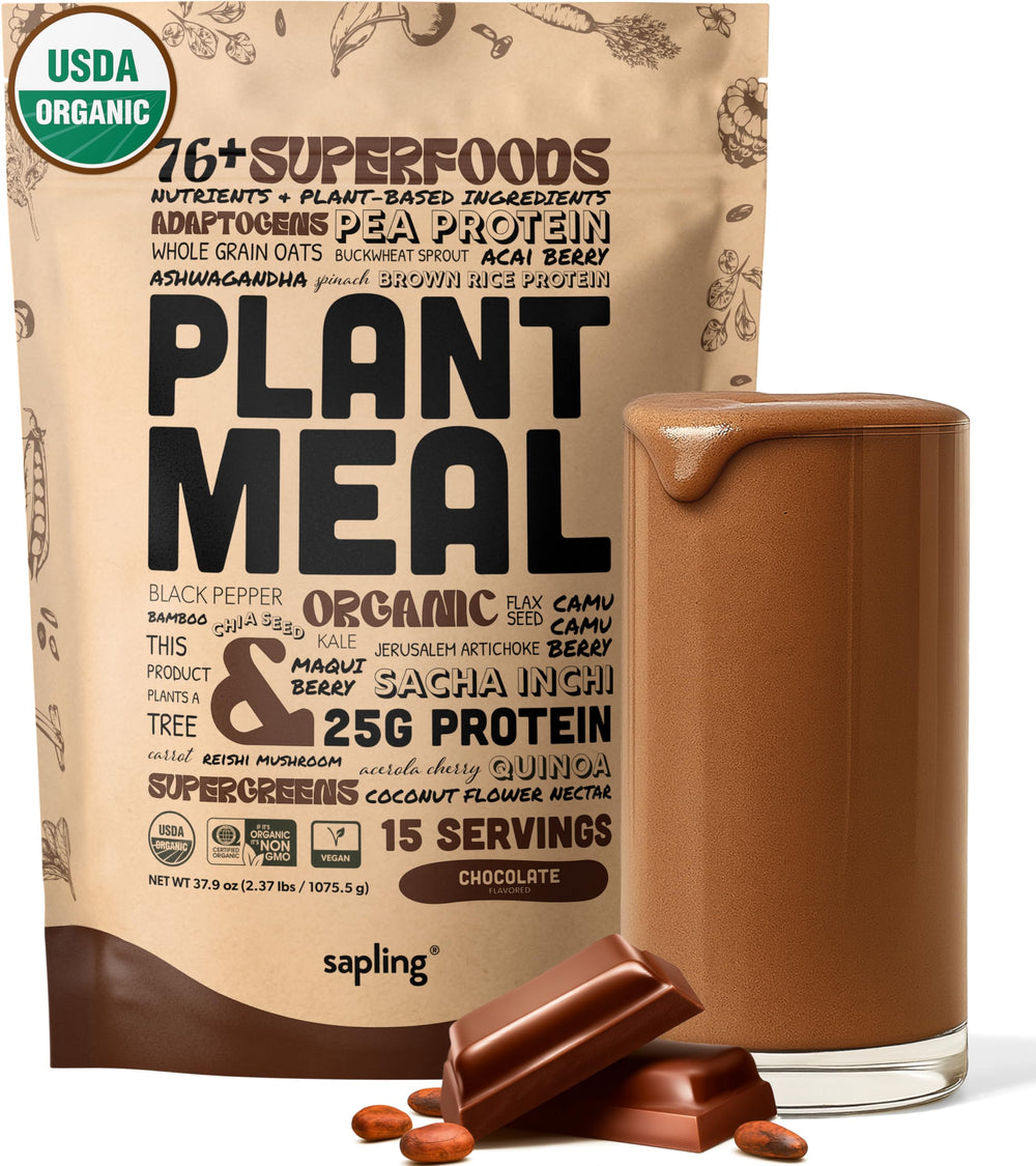 Sapling Plant Meal chocolate powder jar for daily plant-based protein and nutrition.