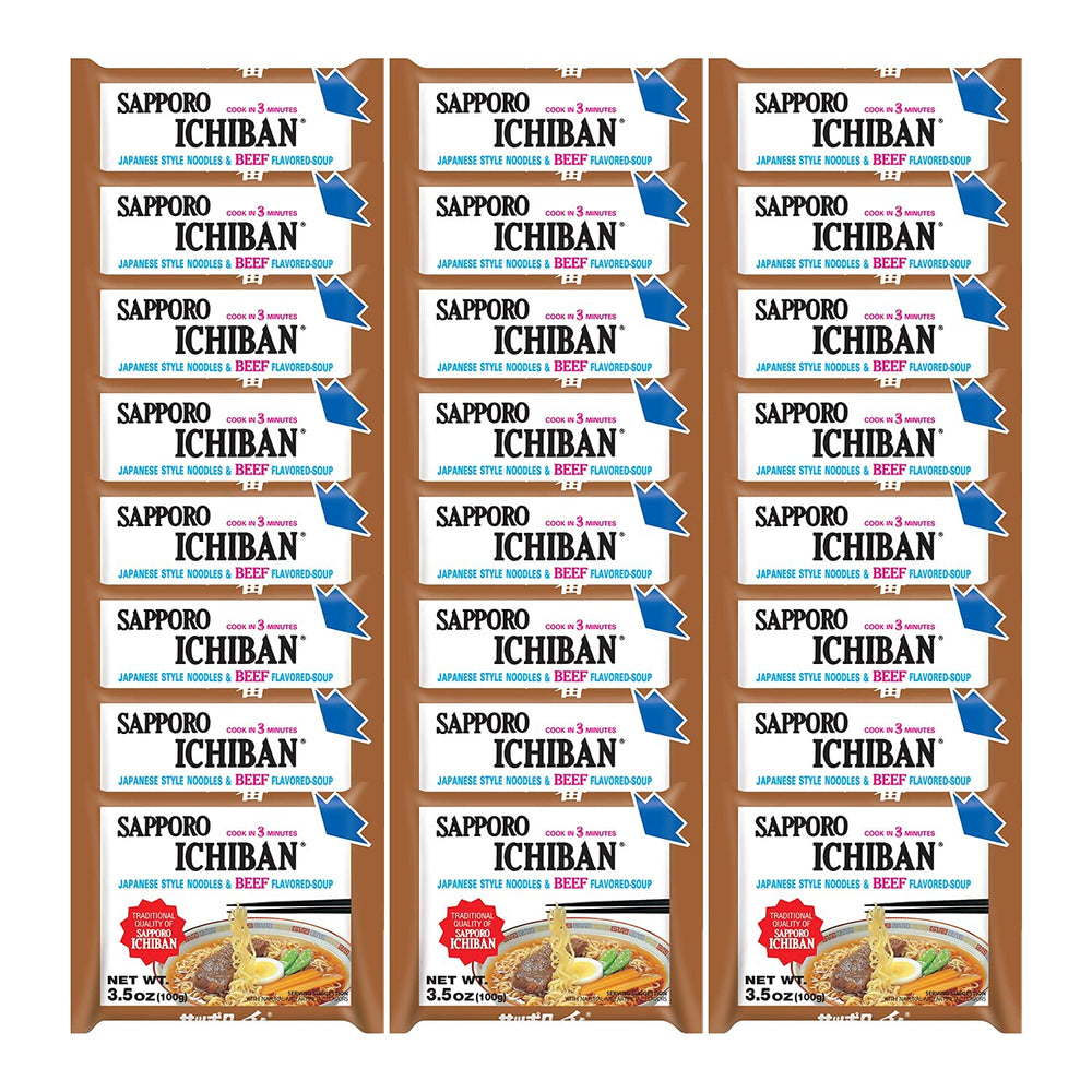 Sapporo Ichiban beef ramen pouch packaging for a 24-pack, ideal for quick meals
