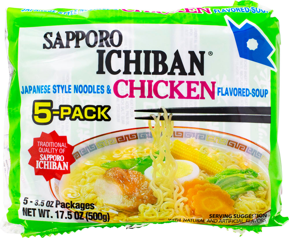 Package front of Sapporo Ichiban Chicken Flavored Noodle Soup for quick meals.