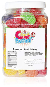 Sarah's Candy Factory assorted fruit slices in a jar, colorfully bite-sized treats for sharing.