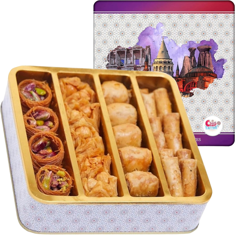 Sarah's Candy Factory baklava assortment 250g in a metal box, a perfect gift option.
