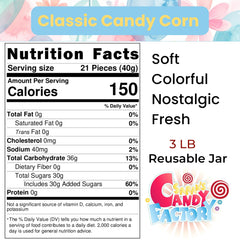 Sarah's Candy Factory candy corn jar closeup texture reveals chewy wedges.