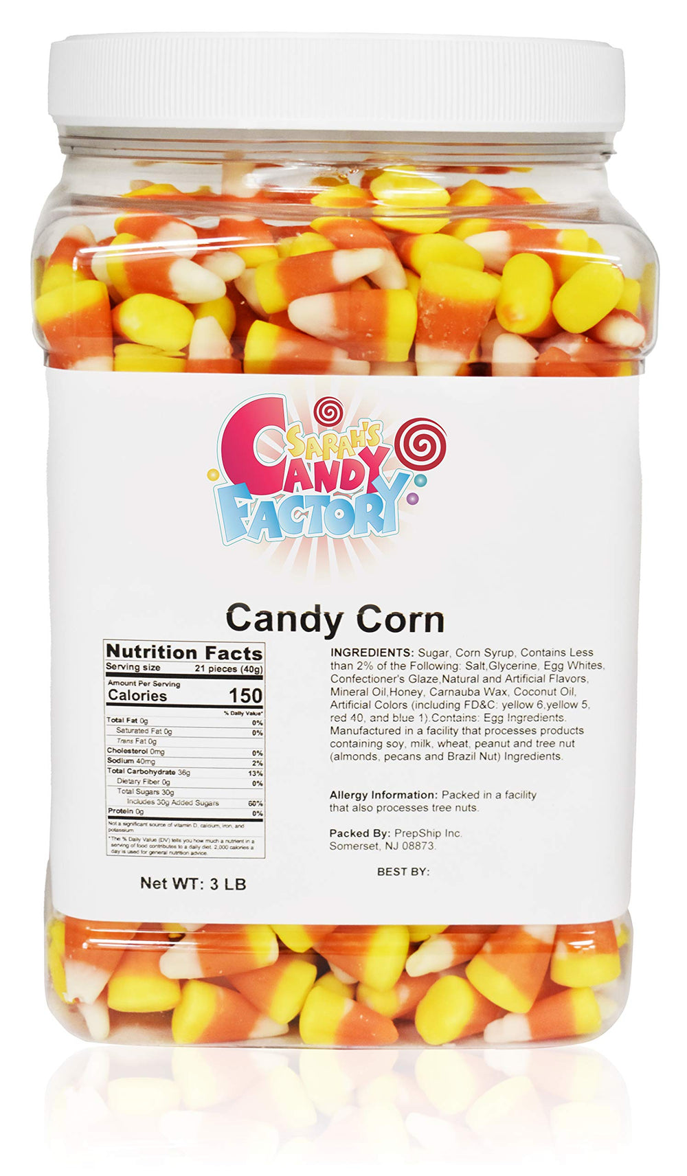 Sarah's Candy Factory candy corn jar front view shows vibrant colors and freshness.